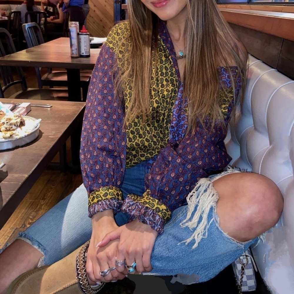 Urban Outfitters Patchwork Button-Down Shirt in Purple and Yellow